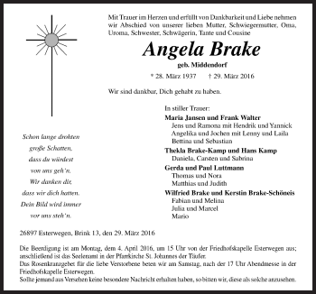 Traueranzeige von Angela Brake von Neue Osnabrücker Zeitung GmbH & Co. KG