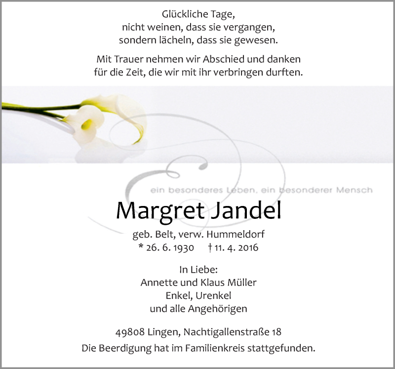  Traueranzeige für Margret Jandel vom 16.04.2016 aus Neue Osnabrücker Zeitung GmbH & Co. KG