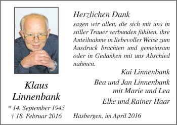 Traueranzeige von Klaus Linnenbank von Neue Osnabrücker Zeitung GmbH & Co. KG