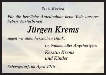 Traueranzeige von Jürgen Krems von Neue Osnabrücker Zeitung GmbH & Co. KG