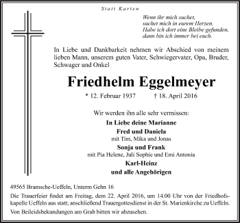 Traueranzeige von Friedhelm Eggelmeyer von Neue Osnabrücker Zeitung GmbH & Co. KG