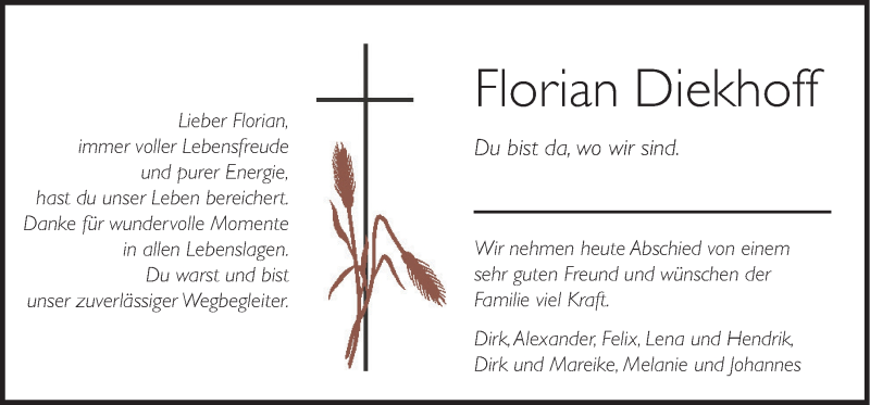  Traueranzeige für Florian Diekhoff vom 08.04.2016 aus Neue Osnabrücker Zeitung GmbH & Co. KG