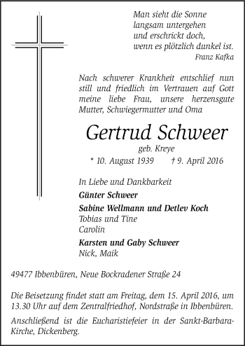 Traueranzeige von Gertrud Schweer von Neue Osnabrücker Zeitung GmbH & Co. KG