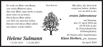 Traueranzeige von Helene Sulmann von Neue Osnabrücker Zeitung GmbH & Co. KG