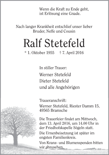 Traueranzeige von Ralf Stetefeld von Neue Osnabrücker Zeitung GmbH & Co. KG