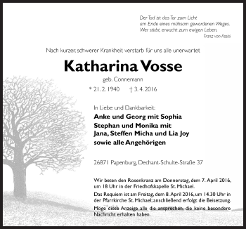 Traueranzeige von Katharina Vosse von Neue Osnabrücker Zeitung GmbH & Co. KG