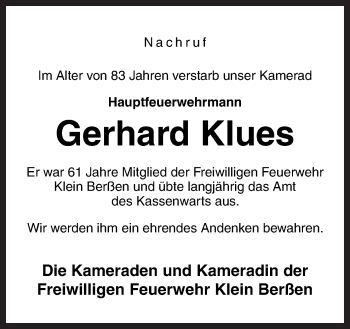 Traueranzeige von Gerhard Klues von Neue Osnabrücker Zeitung GmbH & Co. KG