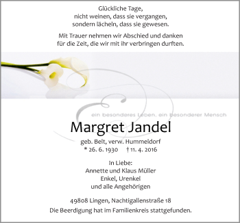 Traueranzeige von Margret Jandel von Neue Osnabrücker Zeitung GmbH & Co. KG
