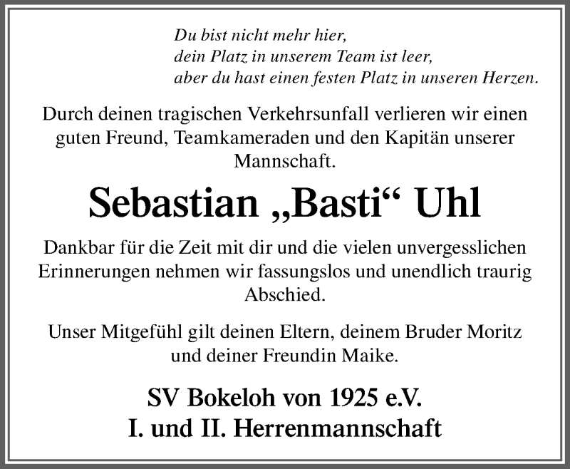  Traueranzeige für Sebastian Uhl vom 06.04.2016 aus Neue Osnabrücker Zeitung GmbH & Co. KG