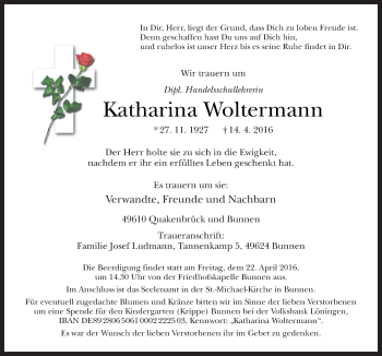 Traueranzeige von Katharina Woltermann von Neue Osnabrücker Zeitung GmbH & Co. KG