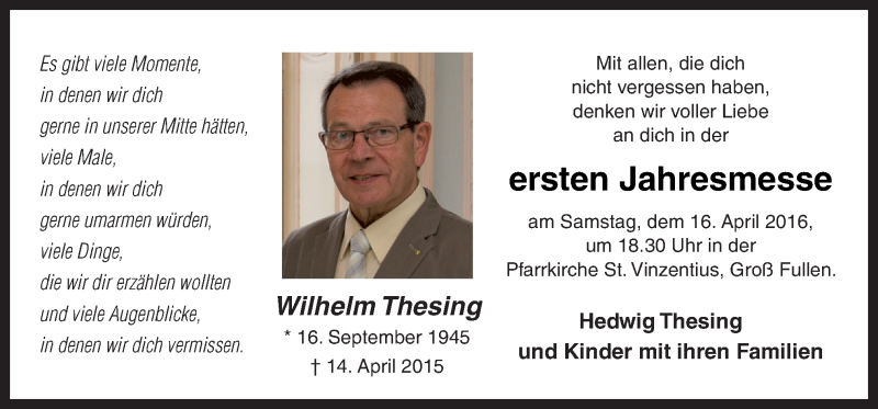  Traueranzeige für Wilhelm Thesing vom 13.04.2016 aus Neue Osnabrücker Zeitung GmbH & Co. KG