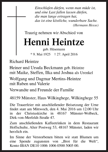 Traueranzeige von Henni Heintze von Neue Osnabrücker Zeitung GmbH & Co. KG