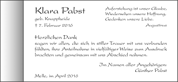 Traueranzeige von Klara Pabst von Neue Osnabrücker Zeitung GmbH & Co. KG