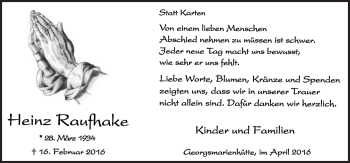 Traueranzeige von Heinz Raufhake von Neue Osnabrücker Zeitung GmbH & Co. KG