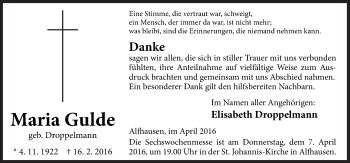 Traueranzeige von Maria Gulde von Neue Osnabrücker Zeitung GmbH & Co. KG