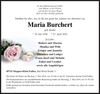 Traueranzeige von Maria Burchert von Neue Osnabrücker Zeitung GmbH & Co. KG