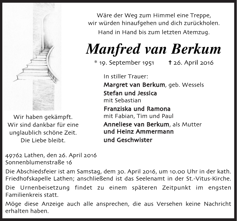  Traueranzeige für Manfred van Berkum vom 28.04.2016 aus Neue Osnabrücker Zeitung GmbH & Co. KG