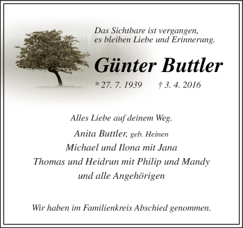 Traueranzeige von Günter Buttler von Neue Osnabrücker Zeitung GmbH & Co. KG