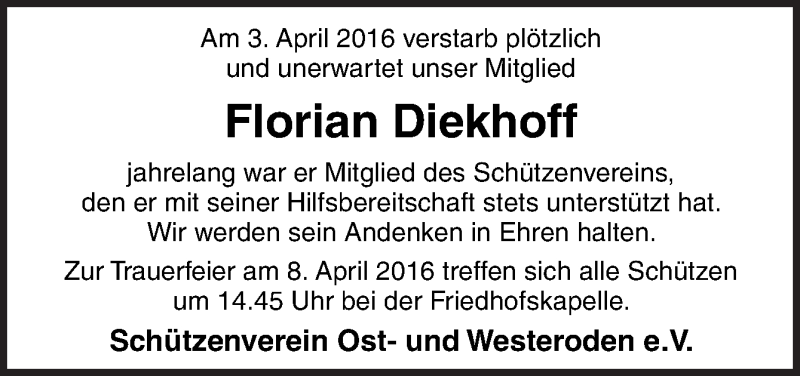  Traueranzeige für Florian Diekhoff vom 07.04.2016 aus Neue Osnabrücker Zeitung GmbH & Co. KG
