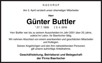 Traueranzeige von Günter Buttler von Neue Osnabrücker Zeitung GmbH & Co. KG