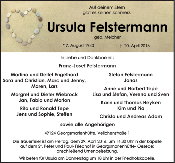 Traueranzeige von Ursula Felstermann von Neue Osnabrücker Zeitung GmbH & Co. KG
