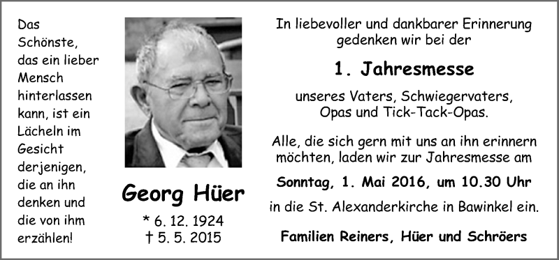  Traueranzeige für Georg Hüer vom 23.04.2016 aus Neue Osnabrücker Zeitung GmbH & Co. KG