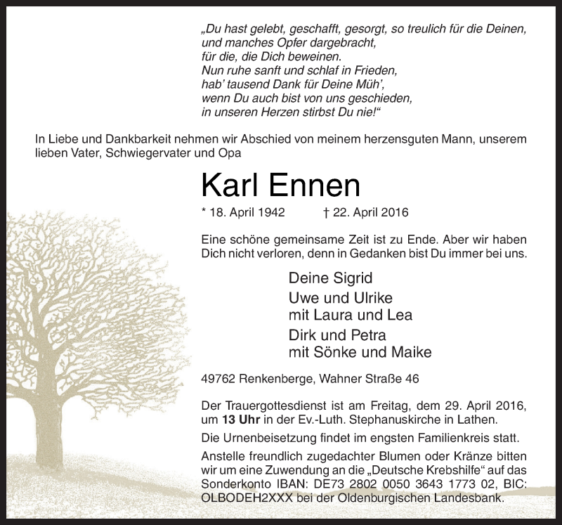  Traueranzeige für Karl Ennen vom 25.04.2016 aus Neue Osnabrücker Zeitung GmbH & Co. KG