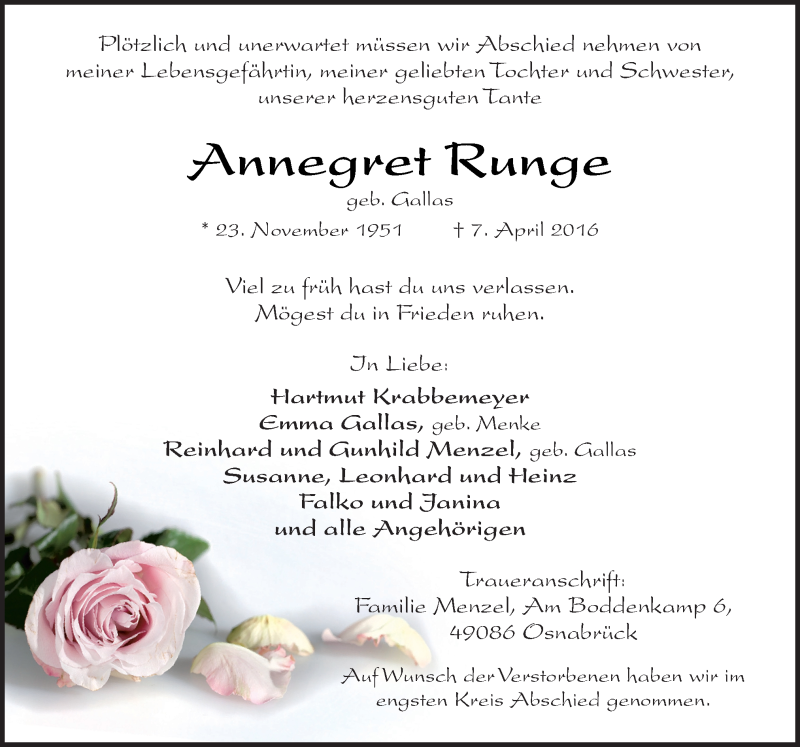  Traueranzeige für Annegret Runge vom 16.04.2016 aus Neue Osnabrücker Zeitung GmbH & Co. KG
