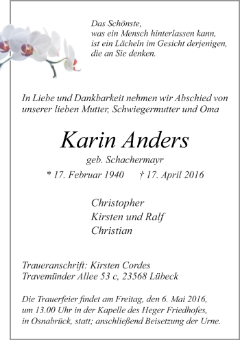 Traueranzeige von Karin Anders von Neue Osnabrücker Zeitung GmbH & Co. KG