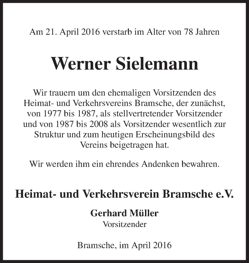  Traueranzeige für Werner Sielemann vom 28.04.2016 aus Neue Osnabrücker Zeitung GmbH & Co. KG