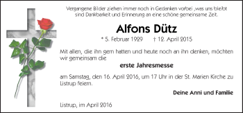 Traueranzeige von Alfons Dütz von Neue Osnabrücker Zeitung GmbH & Co. KG