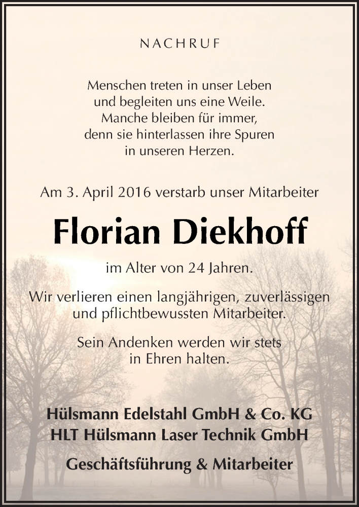  Traueranzeige für Florian Diekhoff vom 07.04.2016 aus Neue Osnabrücker Zeitung GmbH & Co. KG