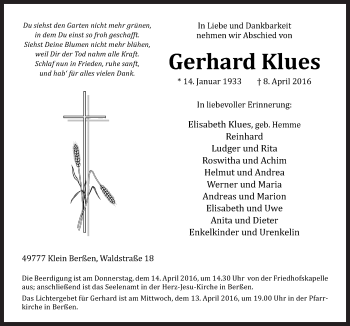 Traueranzeige von Gerhard Klues von Neue Osnabrücker Zeitung GmbH & Co. KG