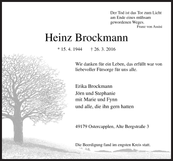 Traueranzeige von Heinz Brockmann von Neue Osnabrücker Zeitung GmbH & Co. KG