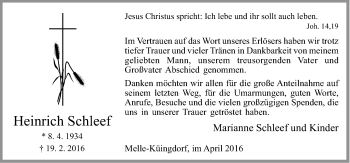 Traueranzeige von Heinrich Schleef von Neue Osnabrücker Zeitung GmbH & Co. KG