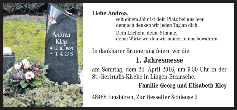  Traueranzeige für Andrea Kley vom 20.04.2016 aus Neue Osnabrücker Zeitung GmbH & Co. KG