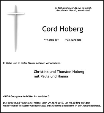 Traueranzeige von Cord Hoberg von Neue Osnabrücker Zeitung GmbH & Co. KG