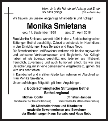 Traueranzeige von Monika Smietana von Neue Osnabrücker Zeitung GmbH & Co. KG