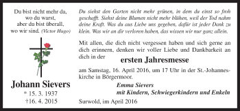 Traueranzeige von Johann Sievers von Neue Osnabrücker Zeitung GmbH & Co. KG