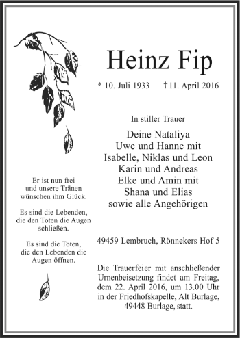 Traueranzeige von Heinz Fip von Neue Osnabrücker Zeitung GmbH & Co. KG