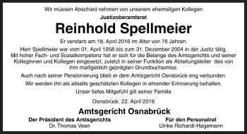 Traueranzeige von Reinhold Spellmeier von Neue Osnabrücker Zeitung GmbH & Co. KG