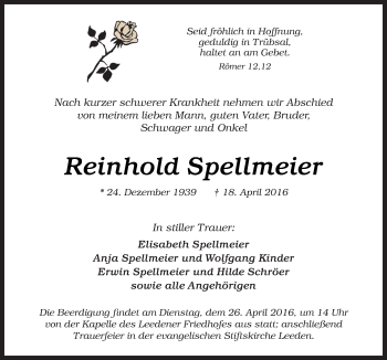 Traueranzeige von Reinhold Spellmeier von Neue Osnabrücker Zeitung GmbH & Co. KG