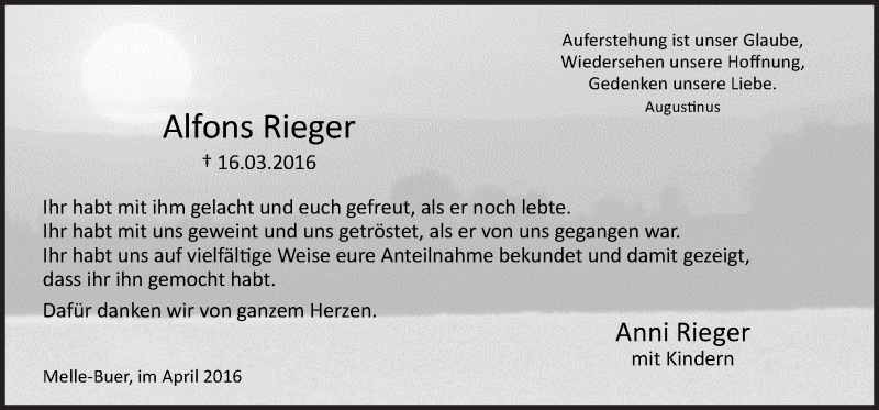  Traueranzeige für Alfons Rieger vom 19.04.2016 aus Neue Osnabrücker Zeitung GmbH & Co. KG