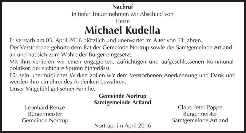  Traueranzeige für Michael Kudella vom 09.04.2016 aus Neue Osnabrücker Zeitung GmbH & Co. KG