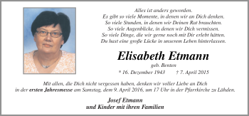 Traueranzeige von Elisabeth Etmann von Neue Osnabrücker Zeitung GmbH & Co. KG