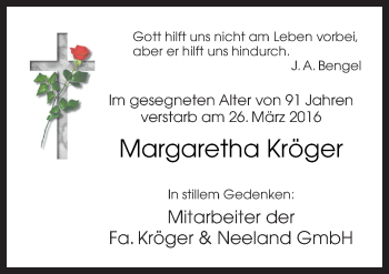 Traueranzeige von Margaretha Kröger von Neue Osnabrücker Zeitung GmbH & Co. KG