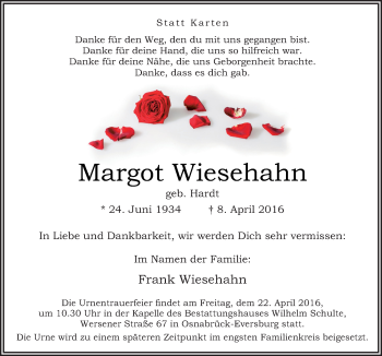 Traueranzeige von Margot Wiesehahn von Neue Osnabrücker Zeitung GmbH & Co. KG