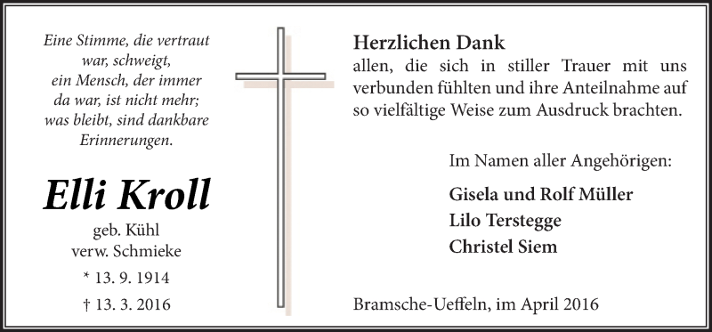  Traueranzeige für Elli Kroll vom 16.04.2016 aus Neue Osnabrücker Zeitung GmbH & Co. KG