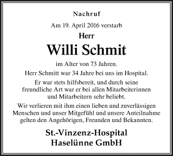 Traueranzeige von Willi Schmit von Neue Osnabrücker Zeitung GmbH & Co. KG