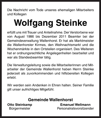 Traueranzeige von Wolfgang Steinke von Neue Osnabrücker Zeitung GmbH & Co. KG